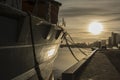 Cargo ship at the harbor in sunset