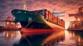 Cargo ship with large containers in harbor at sunset AI Generated Royalty Free Stock Photo