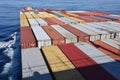 Cargo ship loaded with colorful containers sailing through the ocean.