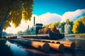 Cargo ship loaded with wood on the river bank of mixed forests. Generative AI