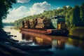 Cargo ship loaded with wood on the river bank of mixed forests. Generative AI