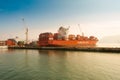 Cargo ship loadeed with containers docked at the port of Iquique in northern Chile