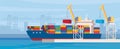 Cargo ship loading in city port. Cranes on dockside, pier unloading shipping containers from freight vessel to shore. Vector Royalty Free Stock Photo