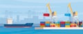 Cargo ship loading in city port. Cranes on dockside, pier unloading shipping containers from freight vessel to shore. Vector Royalty Free Stock Photo
