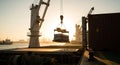 Cargo ship loading containers with a crane at sunset for global trade and logistics Royalty Free Stock Photo