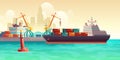 Cargo ship loading in port cartoon vector Royalty Free Stock Photo