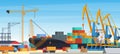 Cargo ship logistics in seaport, cranes loading and unloading containers with goods Royalty Free Stock Photo