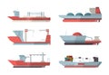 Cargo ship. Marine vessel ocean ship with crane and containers vector flat pictures