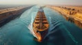 Large Cargo Ship Navigating Through the Suez Canal During Early Morning Light With Calm Waters and High Cliffs on Both Royalty Free Stock Photo