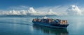 The cargo ship navigates through calm waters under a vibrant sky. AI generated image Royalty Free Stock Photo