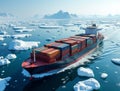 Cargo Ship Navigating Through Icy Waters with Chunks of Ice Visible Around Royalty Free Stock Photo