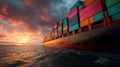 Cargo ship navigating through vibrant sunset with colorful container stacks Royalty Free Stock Photo