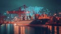 Cargo Ship at Night with Digital Global Network Royalty Free Stock Photo