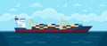 Cargo ship in ocean. Commercial freight vessel with containers in sea. Maritime commerce delivery, shipping industry