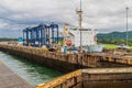 Cargo ship is passing through Gatun Locks, part of Panama Can Royalty Free Stock Photo