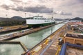 Cargo Ship Passing Through Miraflores Locks in Panama Canal Royalty Free Stock Photo