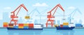 Cargo ship in port. Delivery maritime transport with containers loading in harbour with crane. Flat logistic or import Royalty Free Stock Photo