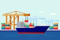 Cargo ship in port, vector flat illustration. Sea cargo delivery, warehouse and logistic industry concept