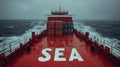 Cargo ship\'s stern in rough sea stormy ocean background Royalty Free Stock Photo