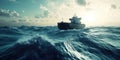 A Cargo Ship Sailing Through Deep Blue Ocean for Travel Adventure or Maritime Design Projects Royalty Free Stock Photo