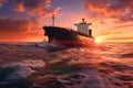 cargo ship sailing on the ocean at sunset Royalty Free Stock Photo