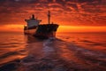 cargo ship sailing on the ocean at sunset Royalty Free Stock Photo