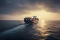 Cargo ship sailing in the sea at sunset. Generative AI Royalty Free Stock Photo