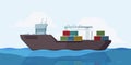 Cargo ship in sea. Outdoor marine landscape with barge ship with containers vector cartoon background