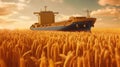 Abandoned cargo ship of significant size parked amidst vast wheat fields Royalty Free Stock Photo