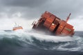 Cargo ship sinks at sea. Wreck on the coast. Neural network AI generated Royalty Free Stock Photo