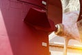 Cargo ship Stern close up Propeller with rudder under repairing and maintenance inspection. Royalty Free Stock Photo