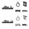 Cargo ship, stop watch, calendar, railway car.Logistic,set collection icons in black,monochrome style vector symbol Royalty Free Stock Photo