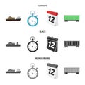 Cargo ship, stop watch, calendar, railway car.Logistic,set collection icons in cartoon,black,monochrome style vector Royalty Free Stock Photo