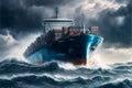 Cargo ship in stormy sea. Generative AI Royalty Free Stock Photo