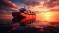 A cargo ship at sunset photo realistic - Generative AI.