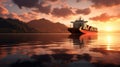 A cargo ship at sunset photo realistic - Generative AI.