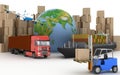 Cargo ship, truck, plane and loader with boxes Royalty Free Stock Photo