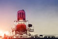 Safety lifeboat at stern ship with funnel and exhaust pipe gas Royalty Free Stock Photo