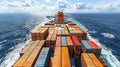 Cargo ship underway at sea, full container deck, open ocean background. Possible use Business, transportation Royalty Free Stock Photo
