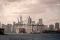 cargo ship unloading during sunset at Miami harbour Royalty Free Stock Photo