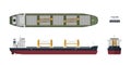 Cargo ship on a white background. Top, side and front view. Container transport in flat style. Industrial drawing