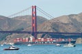 Cargo Ship YM MOBILITY passing under the Golden Gate Bridge Royalty Free Stock Photo