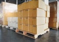 Cargo shipment boxes, Manufacturing and warehousing. Stack of cardboard boxes on pallet at the warehouse storage. Royalty Free Stock Photo
