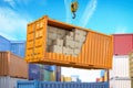 Cargo shipment delivery logistics and freight transportation service. Cross section of container with cardboard boxes loading