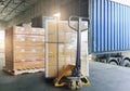 Cargo shipment loading for truck. Freight truck for delivery service. Warehouse dock load pallet goods into container truck. Royalty Free Stock Photo