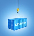 Cargo shipping container in blue with an inscription delivery loading concept the crane lifts the container on blue gradient Royalty Free Stock Photo