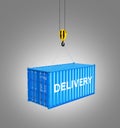 Cargo shipping container in blue with an inscription delivery loading concept the crane lifts the container on grey gradient Royalty Free Stock Photo