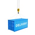 Cargo shipping container in blue with an inscription delivery loading concept the crane lifts the container on white background 3d Royalty Free Stock Photo