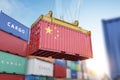 Cargo shipping container with China flag in a port harbor. Production, delivery, shipping and freight transportation of chinese