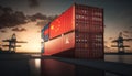 Cargo shipping container with China flag in a port harbor. Production, delivery, shipping and freight transportation. Generative